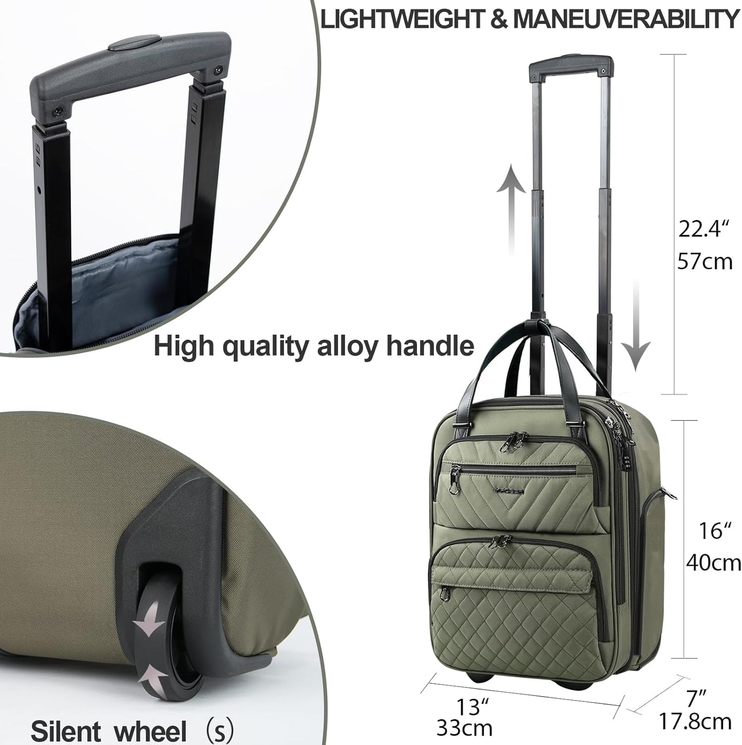 KROSER Carry On Underseat Multi-functional, 16-inch Underseater Lightweight Overnight Suitcase for Women, Olive