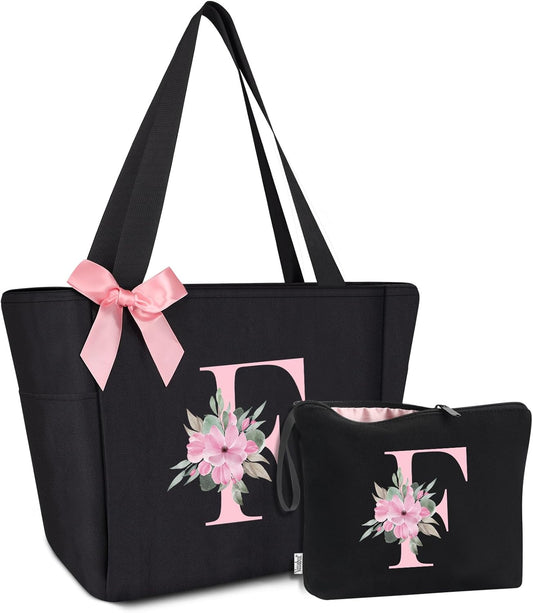 Vavabox Tote Bag, A-Z Initial Monogrammed Waterproof Tote Bag, Bridesmaid Gifts for Women, Black and Pink