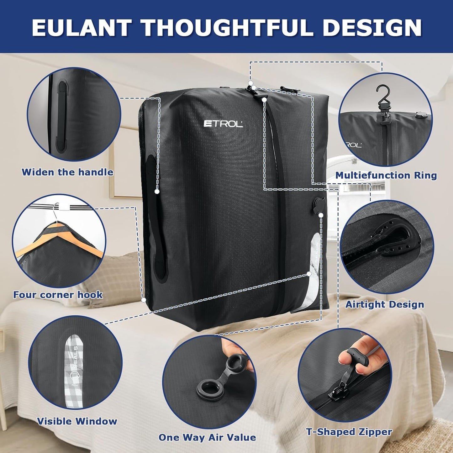TPU Vacuum Bag for Travel, 70D Nylon Reusable Compression Bag with IP67 Waterproof Zipper, Compression Packing Cubes for Clothing, Space Saver Bags for Luggage and Backpack(Gray-1 PCS)
