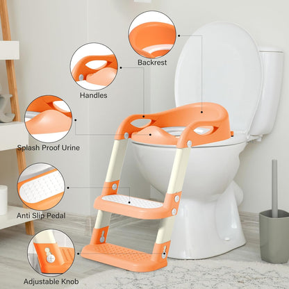 Potty Training Seat with Step Stool Ladder, Adjustable Foldable Potty Seat for Toilet with Anti-Slip Pads Ladder for Kids Boys Girls Toddlers - Orange