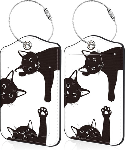 Luggage Tags for Suitcase Black Cats 2 PCS Leather Travel Luggage Tag with Stainless Steel Loop Name ID Label Privacy Cover for Women Men Travel