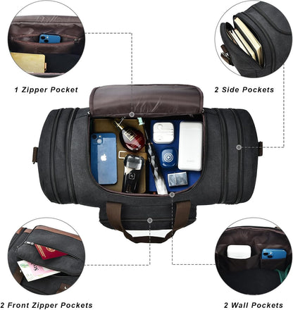 Litvyak Duffle Bag for Travel, 50L Canvas Travel Duffel Bags Overnight Weekend Gym Carry On Luggage Bag for Men & Women(Black)