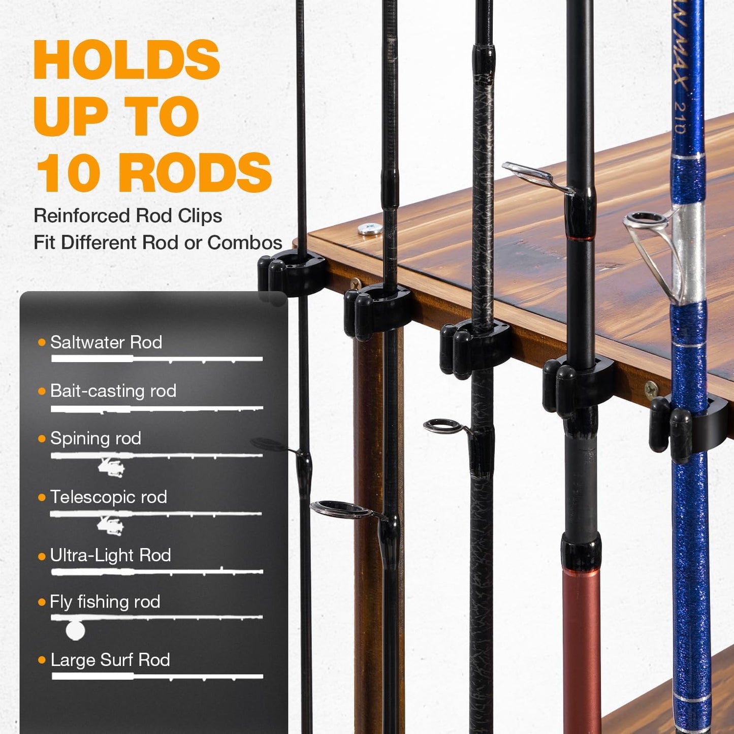 Ghosthorn Fishing Rod Holders for Garage Fishing Pole Rack Hold up to 10 Rods Fishing Pole Holders Wooden Organizer Fishing Rod Rack car Fishing Gear Storage Equipment (3 Tier)