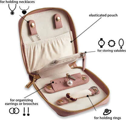 Travel Jewelry Organizer Case - for Tangle-Free Necklaces, Earrings, Rings, Bracelets Storage, Travel Essentials, Fashion Portable Jewelry Travel bags for Women - Small Macaron Pink
