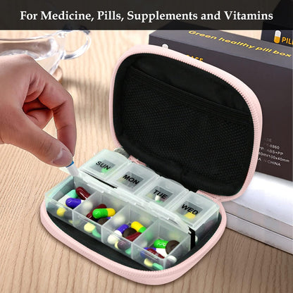 Serfeymi Weekly Travel Pill Organizer Pill Case for Purse with Removable 7 Day Pill Box, Fashionable Travel Medicine Organizer Pill Container for Medicine, Vitamin, Supplement - Pink 03