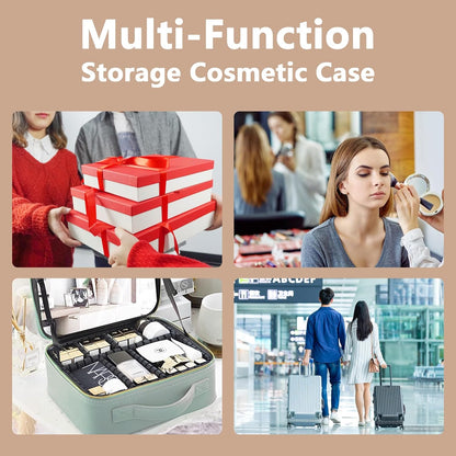 Travel Makeup Bag for Women and Makeup Artists Cosmetic Organizer Large Makeup Case,Travel Makeup Bag with Mirror 3 Color Setting,Portable Storage and Adjustable Dividers(khaki)