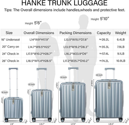 Hanke 24 Inch Checked Luggage Front Opening Rolling Suitcase Hard Sided Luggage with Spinner Wheels for Travel Woman Men.(Grey)
