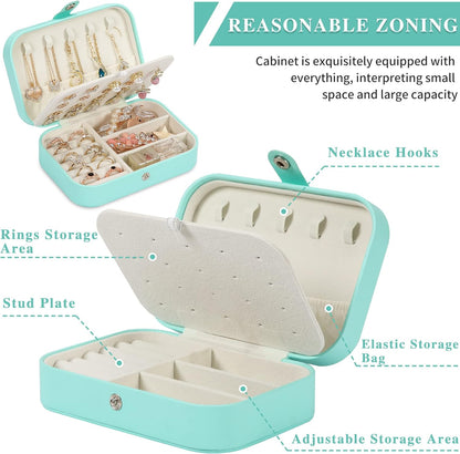 Travel Jewelry Box, PU leather Small Jewelry Organizer For Female Girls, double layer portable mini travel case for storing earrings, rings, necklaces.(Green)