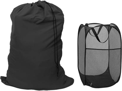 Extra Large Laundry Bag 1 Pack with 1 Pack Pop Up Hamper, Black Travel Laundry Bags 30"x40", Foldable Mesh Laundry Basket, for college dorm and apartment dwellers (2PCS)