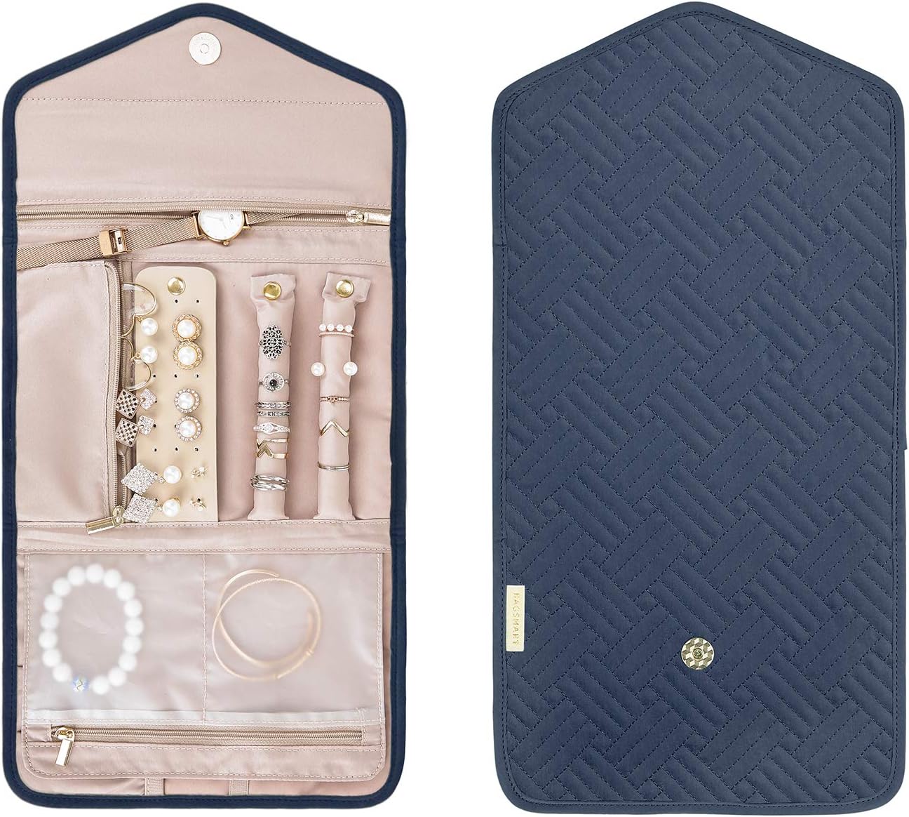 BAGSMART Travel Jewelry Organizer Roll Foldable Jewelry Case for Journey-Rings, Necklaces, Bracelets, Earrings, Smokey Blue