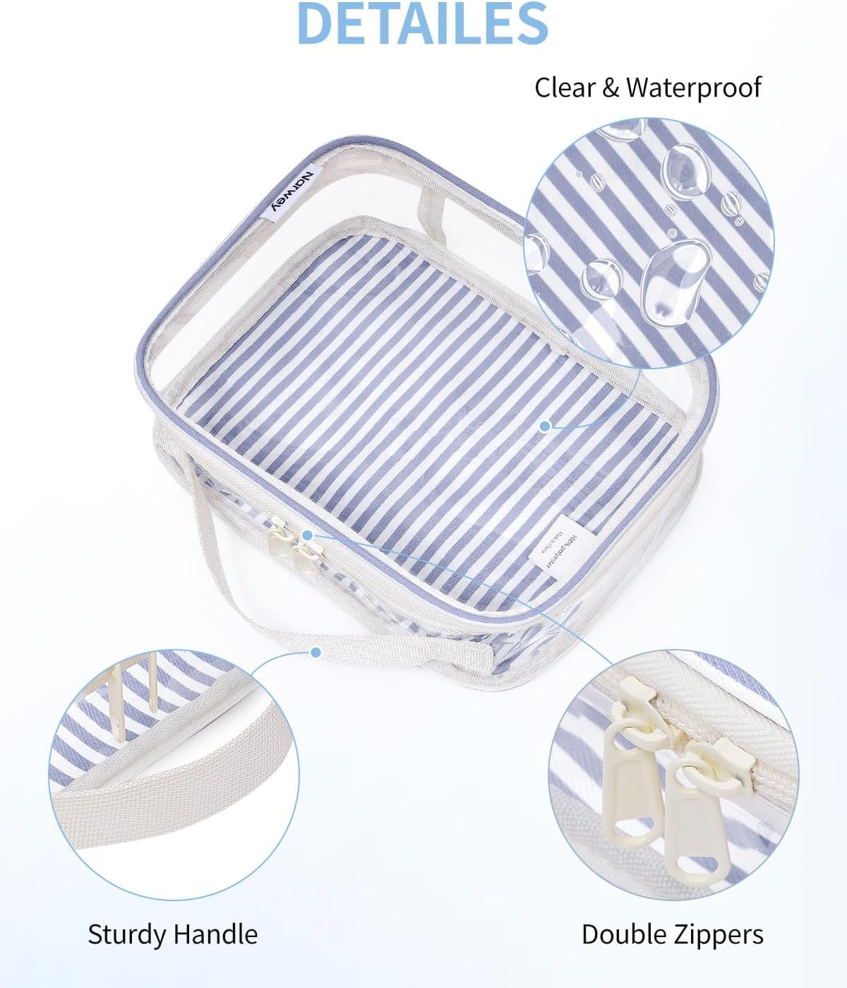 Narwey TSA Approved Clear Toiletry Bag for Travel, Waterproof PVC Clear Makeup Bags, Portable Compact Cosmetic Bag Make Up Organizer, Airport Airline Quart Size Compliant Bag (Greyish Blue Stripe)