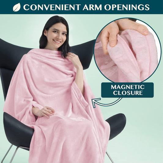 PAVILIA Travel Blanket and Pillow, Arms Opening Airplane Blankets for Adults, Compact Plane Blanket with Arm Hole 2-in-1 Bag for Flight Car Camping Fit in Luggage Backpack Traveler Gift, Pink