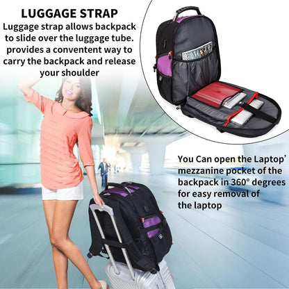SHRRADOO Extra Large 50L Travel Laptop Backpack with USB Charging Port, College High School Backpack Airline Approved Business Work Bag Fit 17 Inch Laptops for Men Women,Purple