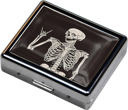 Silver Vintage Pill Box 7 Day Metal Pill Box with Mirror and 8 Compartments Cute Travel Pill Organizer for Purse (Rock and Roll Skull Skeleton)