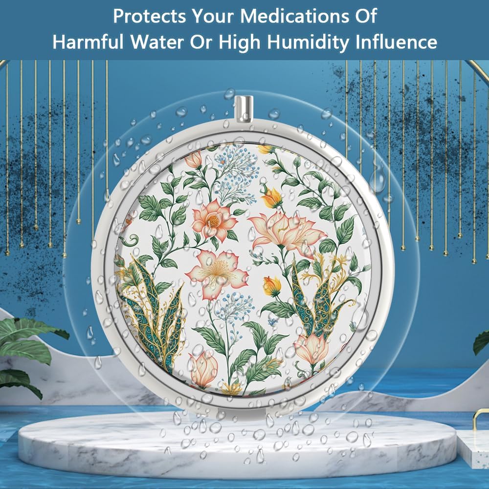 Pill Box 3 Compartment Medicine Pill Case,Portable for Pocket or Purse Pill Box Decorative Metal Medicine Vitamin Organizer Unique Gift(Floral Flower)