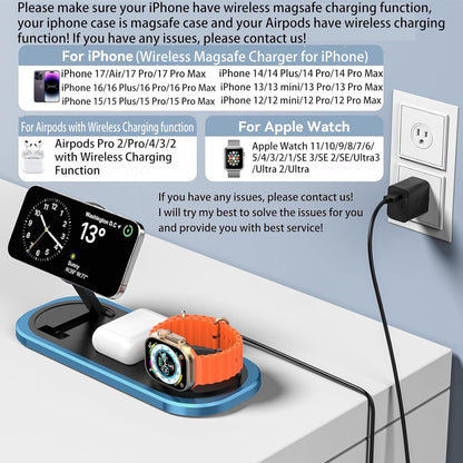 3 in 1 Fast Wireless Charger Stand for iPhone, Foldable Travel Charging Station for Magsafe for iPhone 17/Air/16/15/14/13/12 Series, Apple Watch Series, AirPods pro/2/3/4, Gifts for Women Men (Blue)