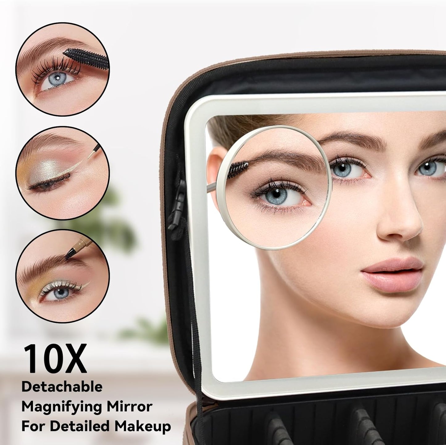 Travel Makeup Bag with LED Mirror and 10x magnifying glass with 3 Lighted Settings, Adjustable Dividers and Makeup Brush Storage Bag Mocha