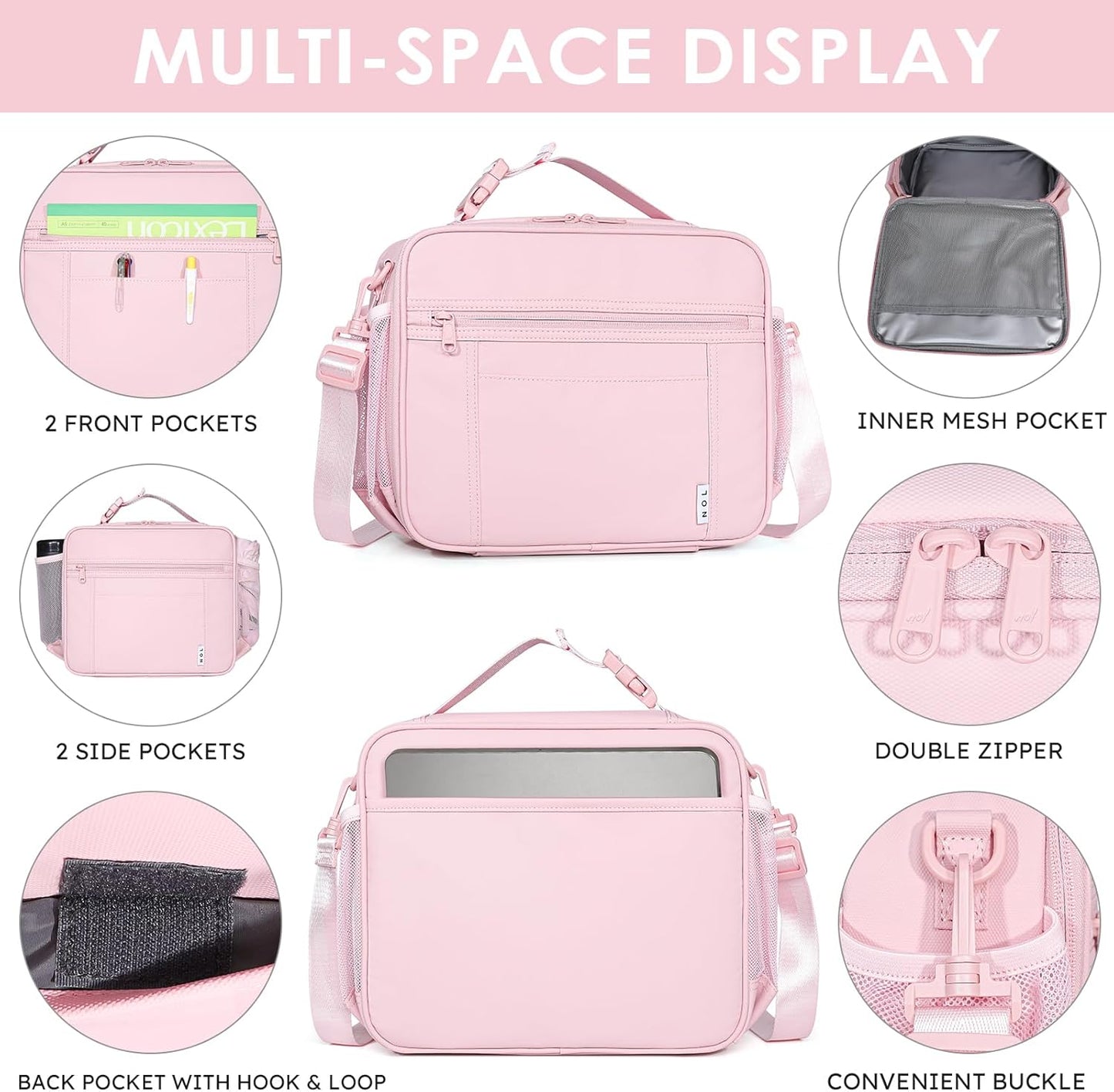 NOL Kids Lunch Bag - Kids 3+ Reusable Insulated Lunch Box with Zipper Closure Buckle Handle Adjustable Long Shoulder Strap, Easy-Clean Waterproof Fabric, Children Lunch Tote Bag for School -Pink