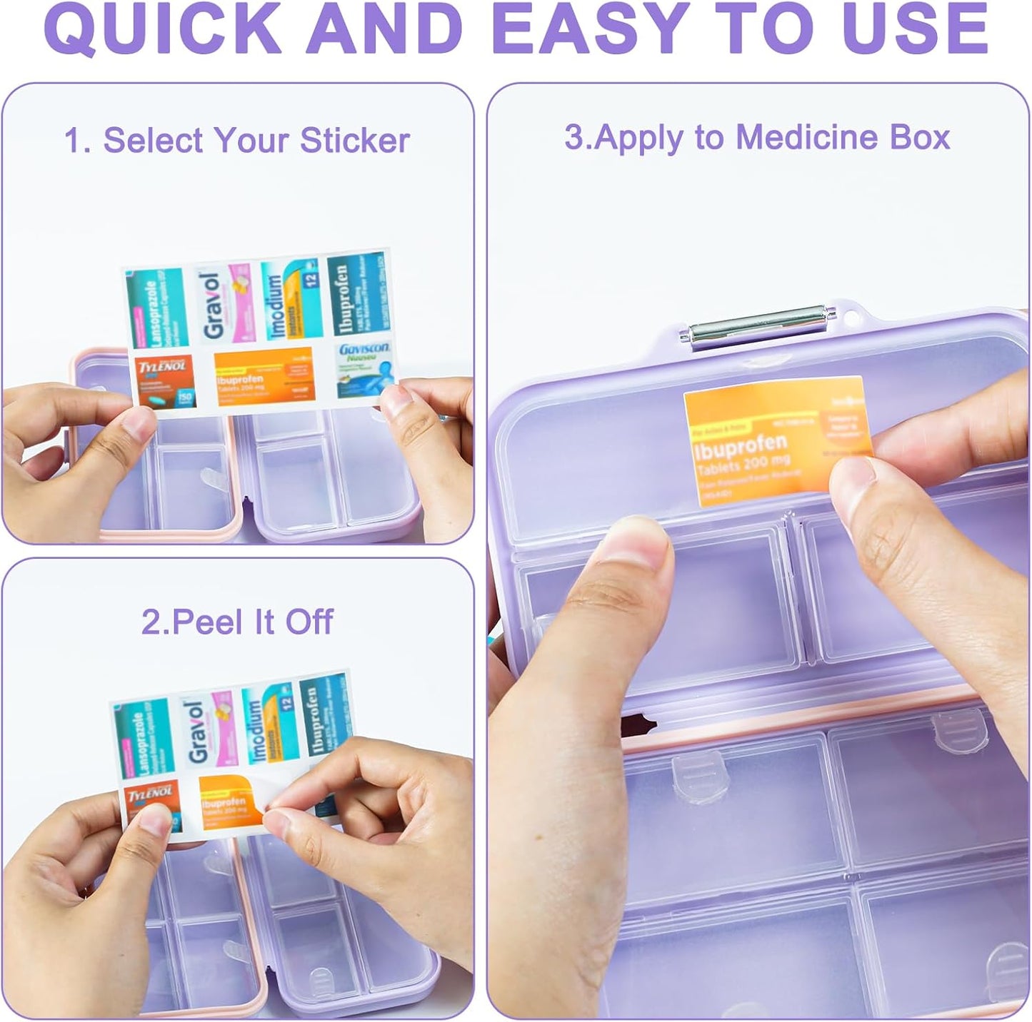Travel Pill Organizer Box with Medicine Labels, 2Pack 7 Compartments Portable Pill Case, Daily Medication Organizer Storage Pill Container for Pocket Pharmacy(Purple, S+L 2pack)