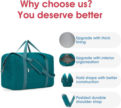 Carry on luaggage 22x14x9 Airlines Approved Foldable Carry on Bag Travel Duffel Packable Duffle Overnight for Women and Men 40L (Teal)