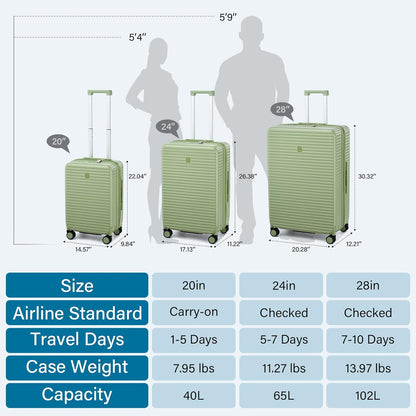 Hard Shell 20 Inch Carry on Luggage Expandable Travel Luggage, TSA Approved Luggage with Cup Holder Charger Built in, Lightweight Small Suitcases with Wheels, Bamboo Green