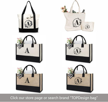 TOPDesign Initial Jute/Canvas Tote Bag, Personalized Present Bag, Suitable for Wedding, Birthday, Beach, Holiday, is a Great Gift for Women, Mom, Teachers, Friends, Bridesmaids (Letter D)
