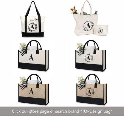TOPDesign Personalized Initial Jute/Canvas Beach Bag, Monogrammed Gift Tote Bag for Women