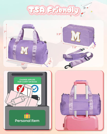 Gifts for 4 5 6 7 8 9 10 11 Year Old Girls-Girl Gym Bag with Shoe Compartment, Kid Personalized Weekender Overnight Bags, Initial Travel Tote with Makeup Pouch, Graduation Gift (Letter A)