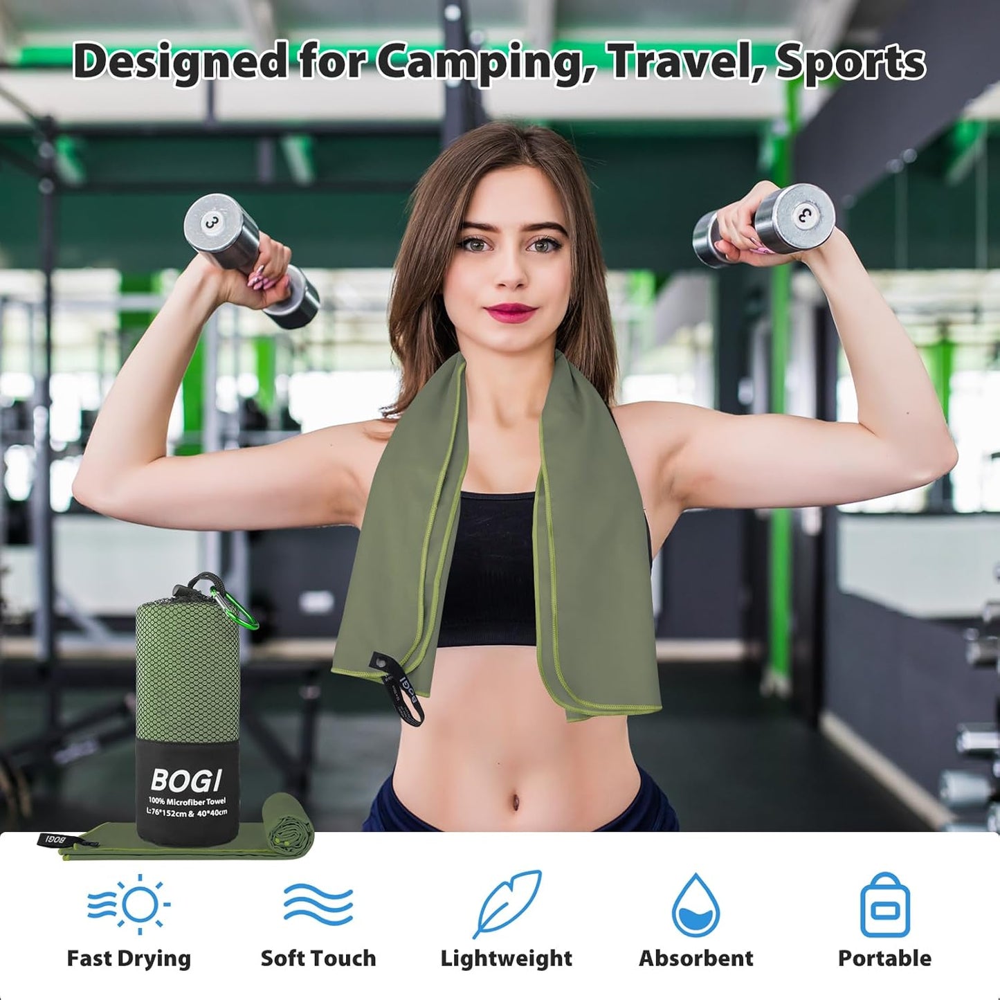 BOGI Microfiber Travel Sports Towel-Quick Dry Travel Towel,Soft Lightweight Absorbent Compact Sports Towel for Camping Gym Beach Bath Yoga Swimming Backpacking (S:16''x32'',2Pcs-AGreen)