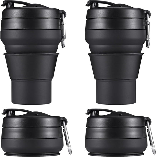 2PACK Collapsible Coffee Cup, 16 OZ 480ml Silicone Folding Camping Mug, Leak Proof BPA Free Portable Sport Bottle with Lids for hiking, Microwave & Dishwasher Safe (Black)