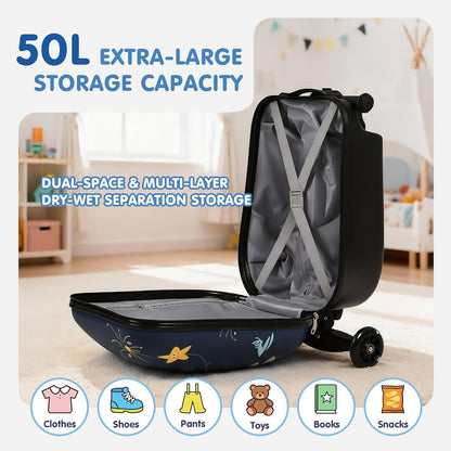 4-in-1 Detachable Scooter Luggage for Kids & Teens – Hardside Ride-On Suitcase with Led Light Up Wheels, Dinosaur Design, Lightweight Foldable, Perfect Travel Gift for Boys(Navy Blue 22-inch)