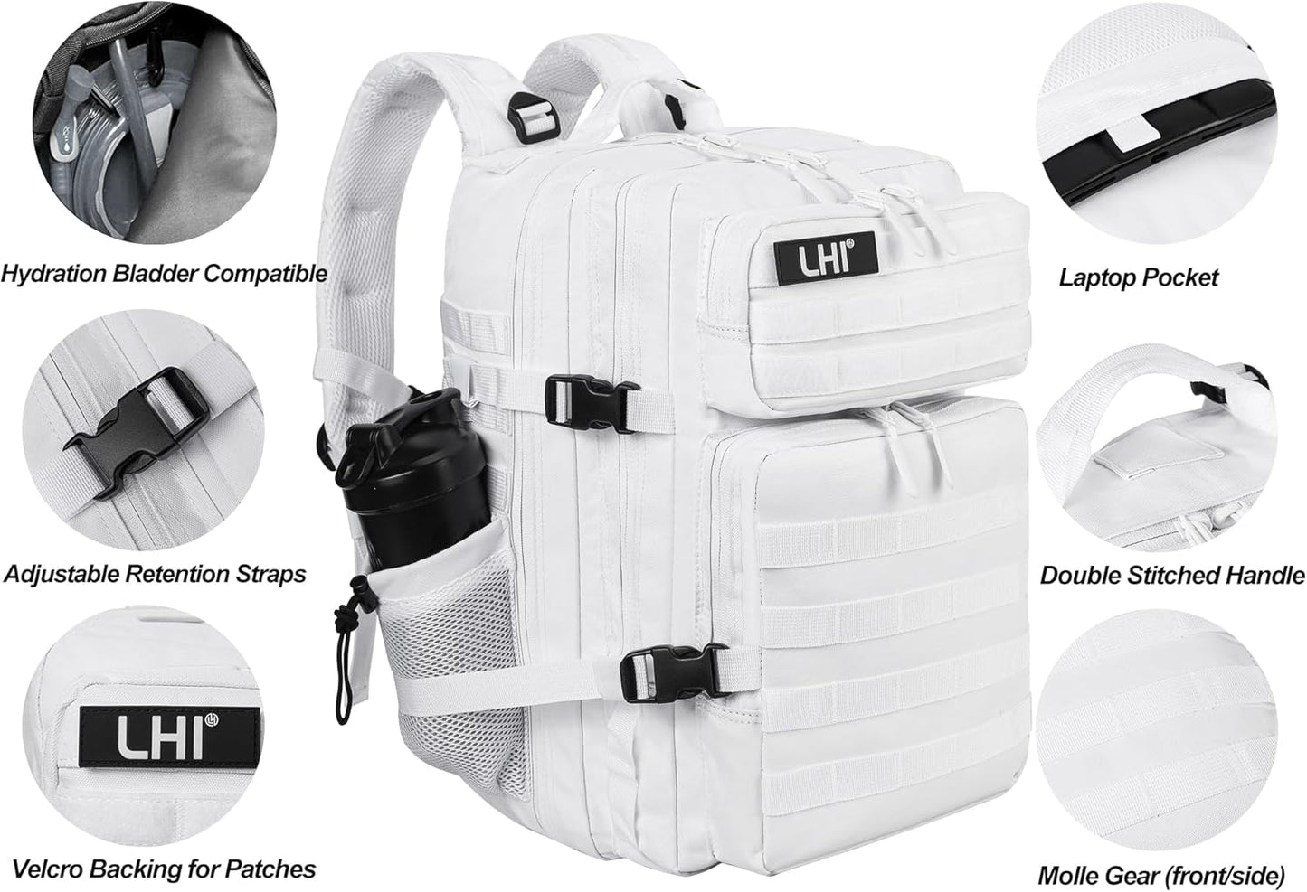 LHI Military Tactical Backpack for Men and Women 45L Army 3 Days Assault Pack Bag Large Rucksack with Molle System - White