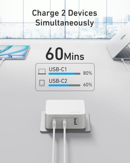 Nekmit 100W Flat USB C Charger Block, 3-Port GaN Fast Wall Charger, USB C Wall Plug for MacBook Pro/Air, iPad, iPhone, Galaxy and More (White, 100W)