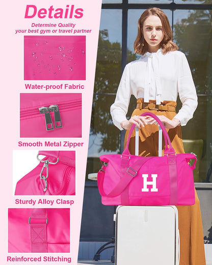 Overnight Bag for Kids Teen Girls Weekender Dance Bag Birthday Graduation Gifts,Initial Travel Duffel Bag Sports Gym Bag Personalized Weekender Bag Carry On Bags Preppy Gifts for Women(Hot Pink, H)