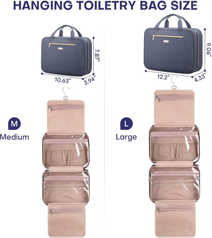 Hanging Toiletry Bag for Women Travel, 2 Sizes Large & Small Waterproof Cosmetic Organizer with 4 Compartments, Rotating Hook, Foldable Pink Travel Bag for Toiletries & Makeup Medium Grey Blue