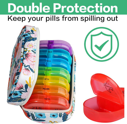 Serfeymi Weekly Travel Pill Organizer 2 Times A Day AM PM Upgraded Rainbow Pill Box 7 Day with Portable Zipper PU Leather Pill Case, Medicine Organizer for Pills, Vitamins, Fish Oils - Floral 03