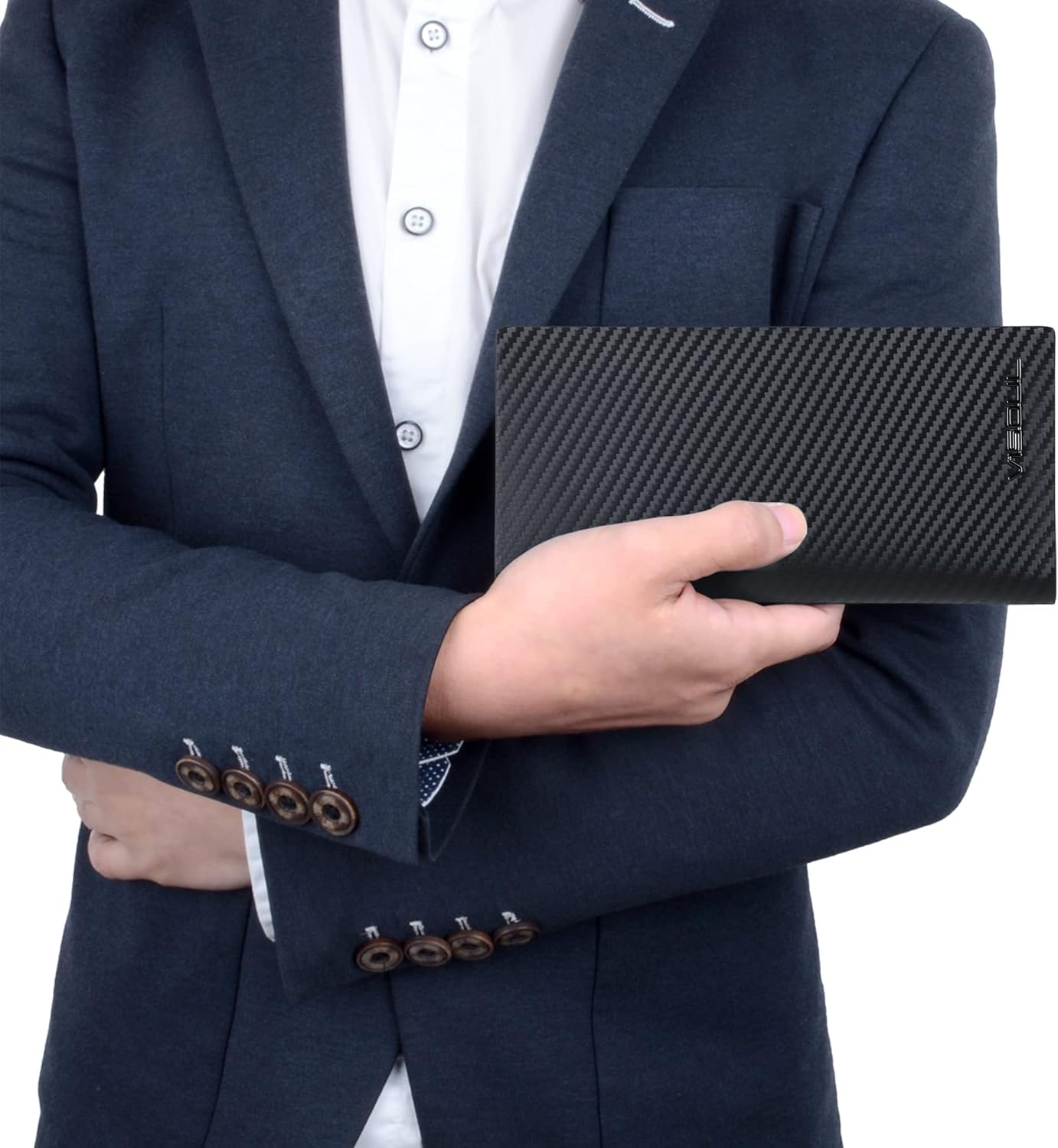 VISOUL Mens Leather Long Checkbook Bifold Wallets with RFID Blocking, Carbon Fiber Leather Tall Wallets for Men (Black+Blue)