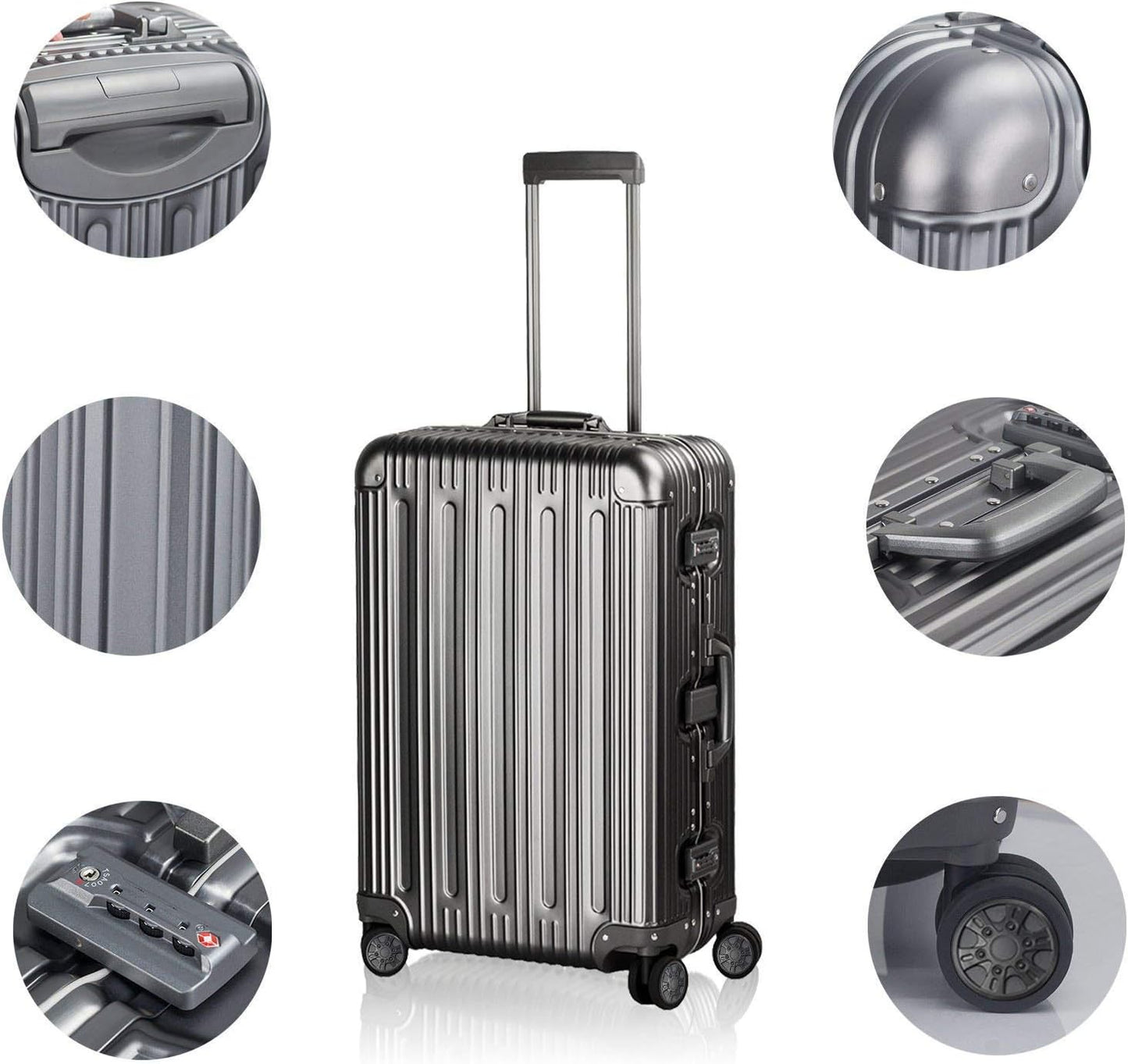 TRAVELKING All Aluminum Luggage Zipperless Hard Shell Suitcase with TSA Lock Spinner Wheels Lightweight Metal Alloy Suitcases (Grey, 24 inch)