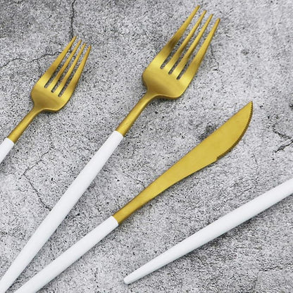 White Handle Matte Gold Silverware Set,Gugrida 5-Piece 18/10 Stainless Steel Satin Finish Flatware Set,Kitchen Utensil Set,Tableware Travel Cutlery Set for Camping Office Lunch, Dishwasher Safe