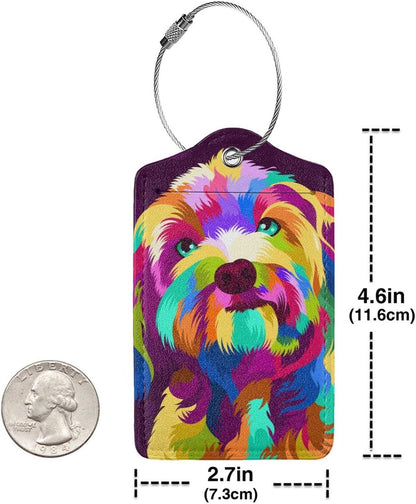 2 Pack Colorful Dog Luggage Tag for Women Girls Kids, Printed Leather Bag Tags for Suitcase Artistic Animal Travel Backpack Labels with Privacy Cover Name ID Card