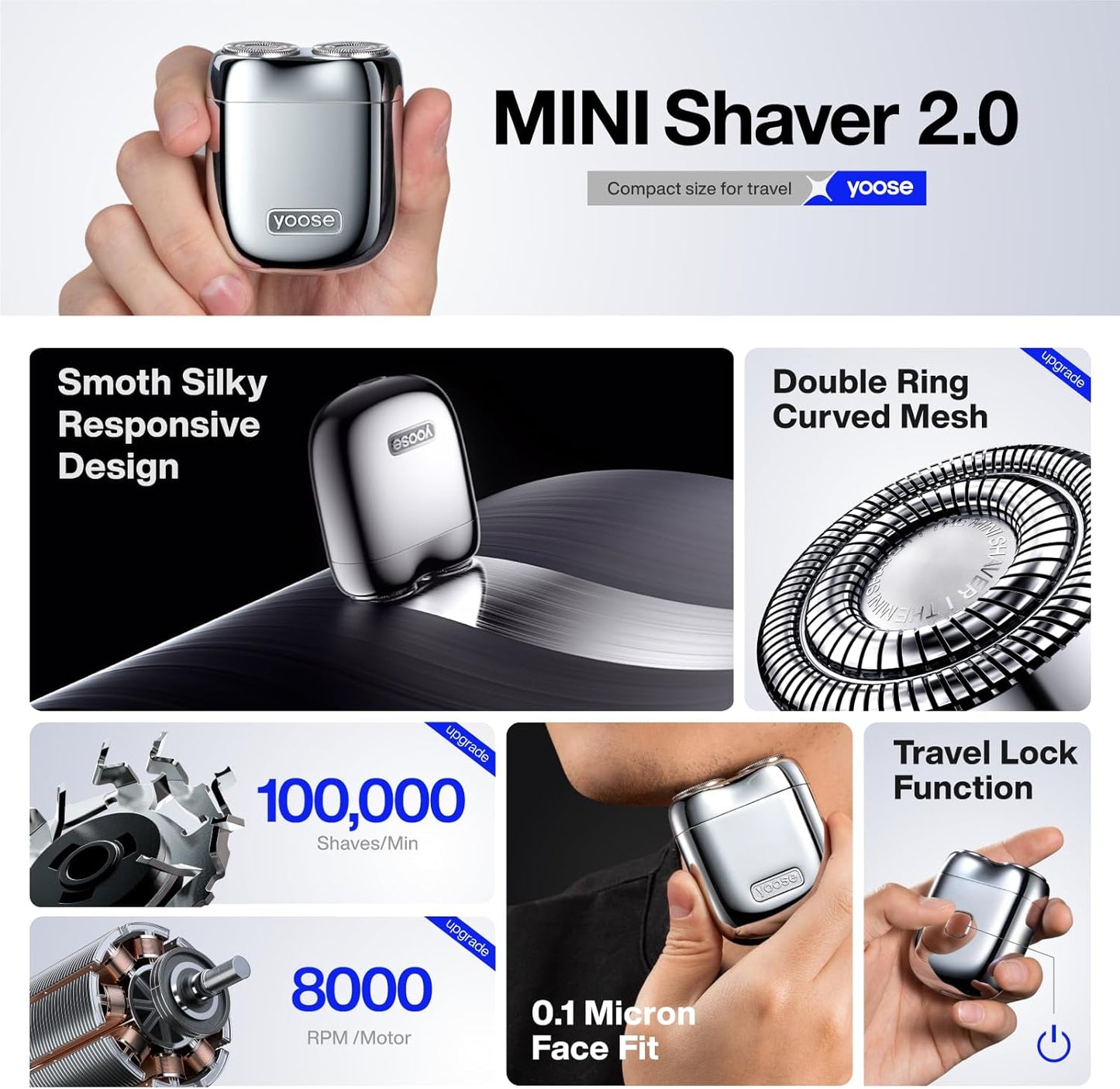 yoose Mini Electric Shaver, Alloy Portable Travel Shavers, Cordless Shaving, USB-C Rechargeable Electric Razor for Men, Dry Shave, IPX7 Waterproof, Detachable Head, Easy Cleaning, Blue