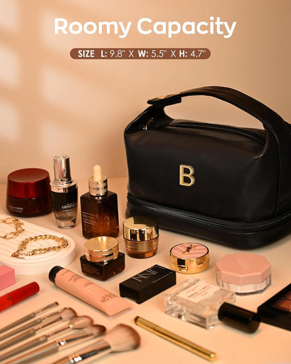 Initial Cosmetic Bags Personalized Bags with Handle, Waterproof Double Layer Makeup Bag, Large Capacity PU Leather Makeup Bags Letter Travel Toiletry Bag with Makeup Brush Organizer