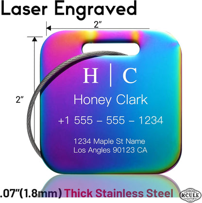 Stainless Luggage Tags for Suitcases 4 Pack: Metal Personalized Luggage Tags for Backpacks & Bags with Customizable Texts (Rainbow)