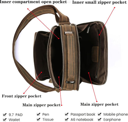 KPYWZER Genuine Leather Shoulder Bag Small Men Messenger Pack Handbag Sling Crossbody Bag Man Purse for Business