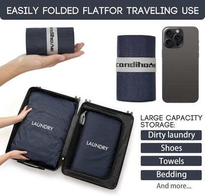 Travel Laundry Bag (2 Pcs - Large + Small) - Foldable Waterproof Washable Wet Dry Bag for Gym, Swimming, Yoga, and Workout Perfect for Dirty Clothes, Bathing Suits, Travel Accessories - Navy Blue