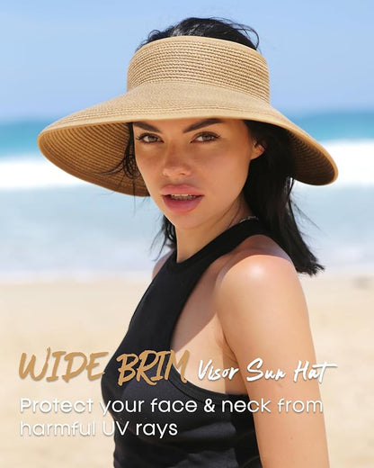 FURTALK Sun Hats for Women Wide Brim Beach Hat Straw Visor Ponytail Summer UV Packable Foldable Beach Vacation Essentials