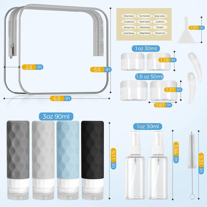 16pack Travel Bottles for Toiletries, TSA Approved Travel Size Containers Set, Leak Proof Refillable Liquid & Creams Toiletries Accessories Kit W/Toiletry Bag (Gray)