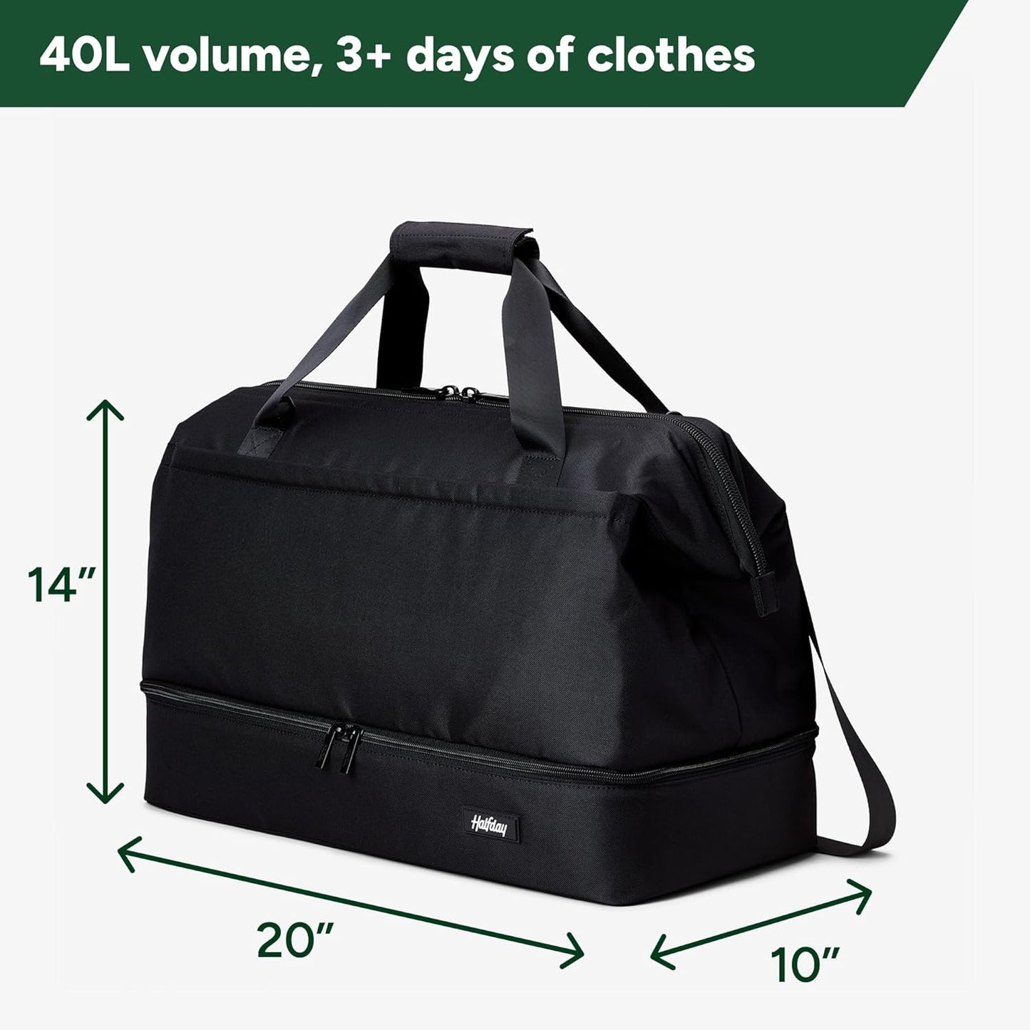 Halfday Double Decker Weekender Bag 40L | Designed for Easy Packing & Storage (Padded Strap, Zippered Bottom Compartment, Interior Mesh Pockets, Trolley Sleeve, Water-Resistant Fabric), Jet