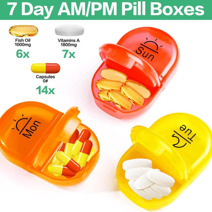 Serfeymi Weekly Travel Pill Organizer 2 Times A Day AM PM Upgraded Rainbow Pill Box 7 Day with Portable Zipper PU Leather Pill Case, Medicine Organizer for Pills, Vitamins, Fish Oils - Pink 03