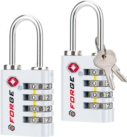 Forge Dual-Opening: Key or Combination Access Lock, TSA Approved Locks for Luggage, Pelican case, Travel, Gym, School, Stainless Steel Shackle. (White, 2 Pk)